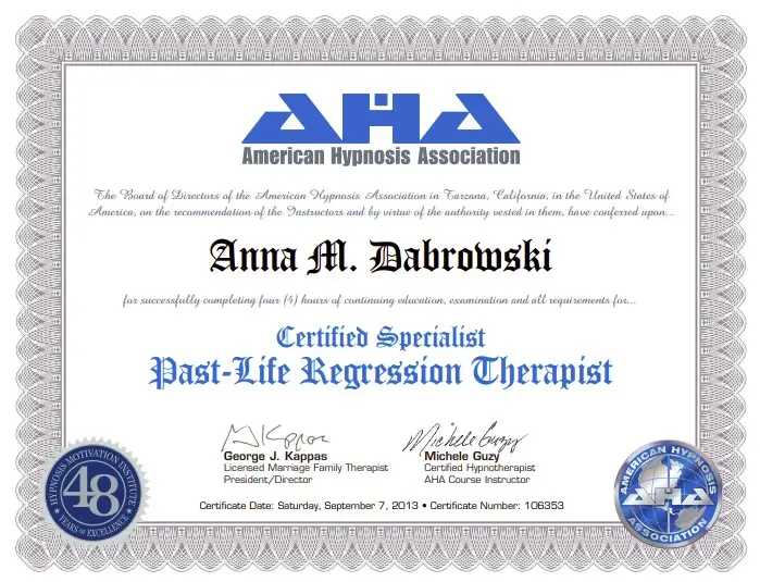 Past-Life Regression Therapist Certified Specialist AHA